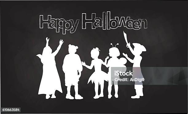 Halloween Costumed Kids Chalk Silhouettes Stock Illustration - Download Image Now - Child, Costume, Animal Body Part