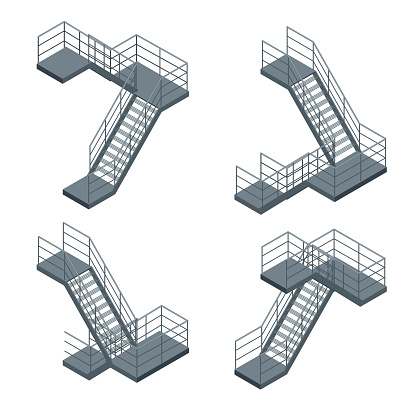 Isometric staircase. Vector Set of various metallic staircase on the white background.