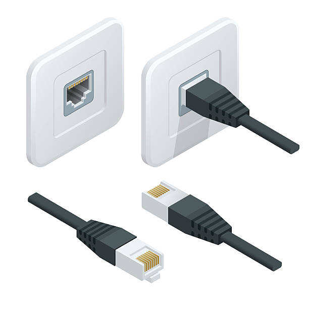 Isometric LAN cable network internet Isometric Vector network socket icon. LAN cable network internet computer connector stock illustrations