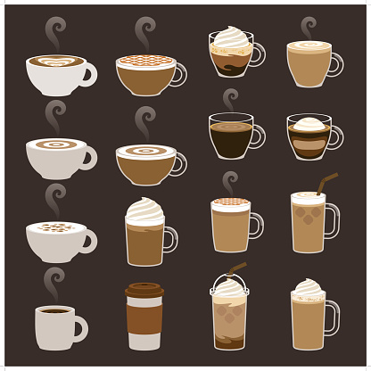 A set of 16 expresso drink icon set. Each icon is grouped individually.