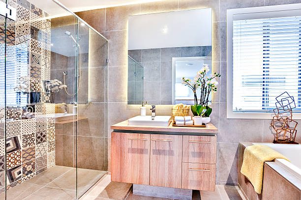 istock Luxury bathroom with a washing area and shower 610668962
