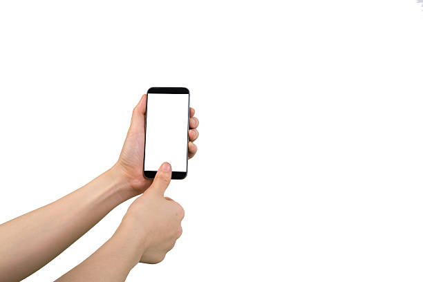 human hand scanning fingerprint on cell phone. human hand scanning fingerprint on cell phone, Left hand holding white blank on screen cell phone and isolated white background. left handed catcher stock pictures, royalty-free photos & images