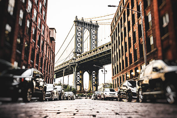 Vintage manhattan bridge in new york New York City urban scene dumbo new york photos stock pictures, royalty-free photos & images
