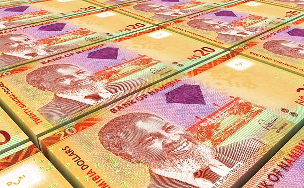 istock Namibian dollars bills stacks background 610676770