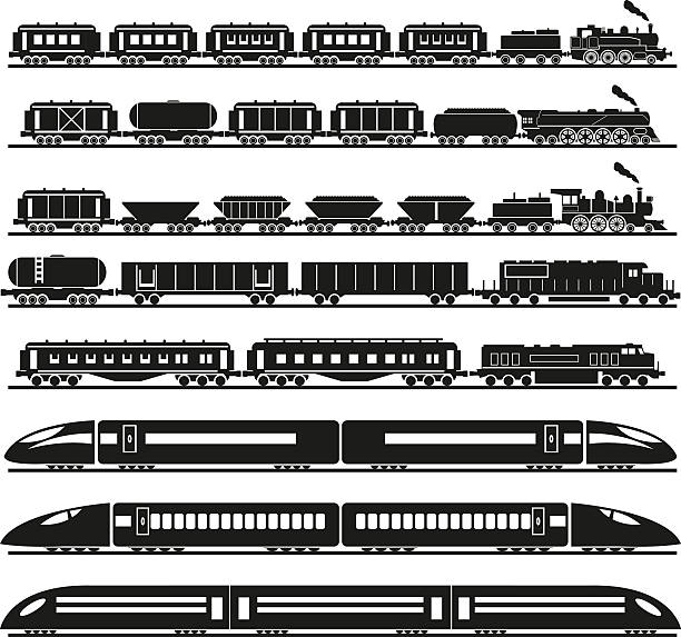 ilustrações de stock, clip art, desenhos animados e ícones de conjunto de comboio - train steam train vector silhouette