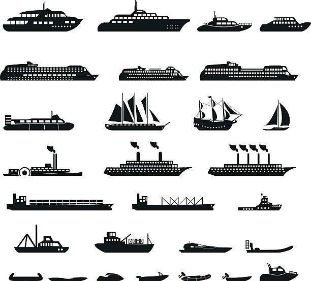 satz von schiffen - container ship tugboat nautical vessel pulling stock-grafiken, -clipart, -cartoons und -symbole