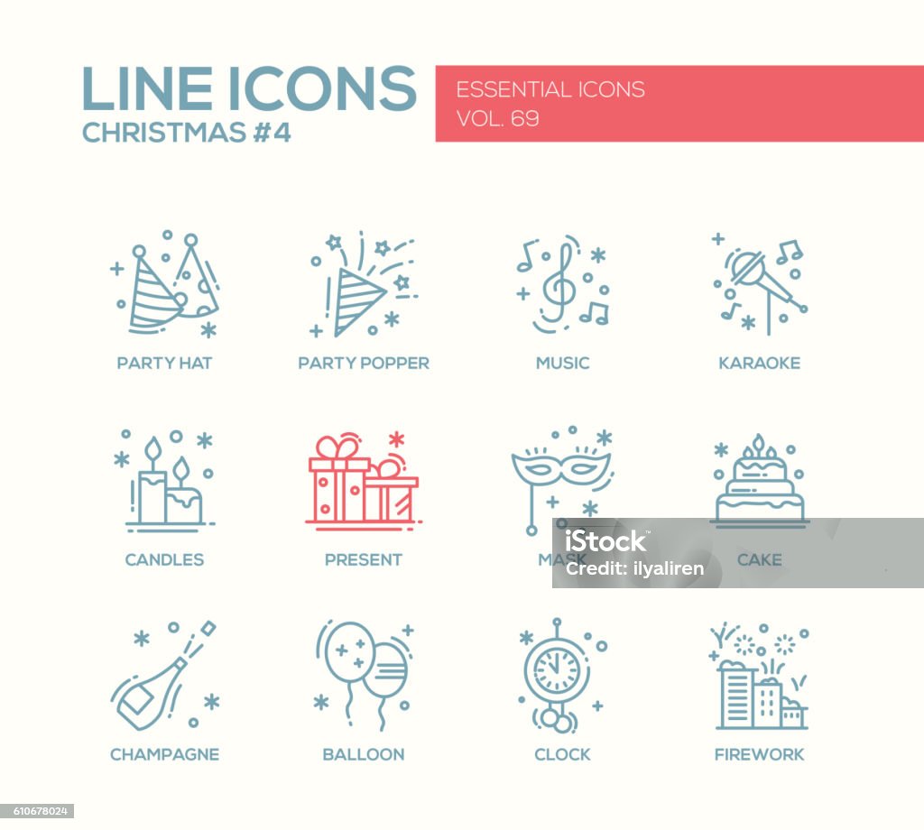 Christmas and New Year - line design icons set Christmas and New Year - set of modern vector line design icons and pictograms. Party hat, party popper, music, karaoke, candles, present, mask, cake, champagne, balloon, clock firework Icon Symbol stock vector