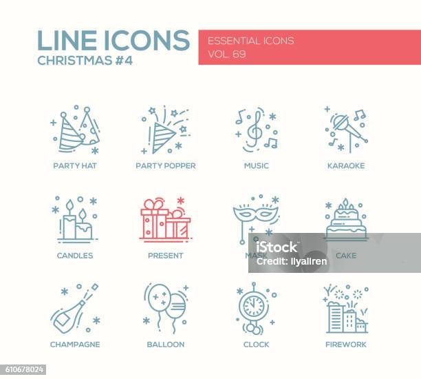 Christmas And New Year Line Design Icons Set Stock Illustration - Download Image Now - Icon Symbol, New Year, Party - Social Event