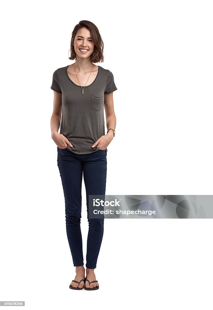 I like my style casual and comfortable Studio portrait of an attractive young woman posing against a white background Women Stock Photo