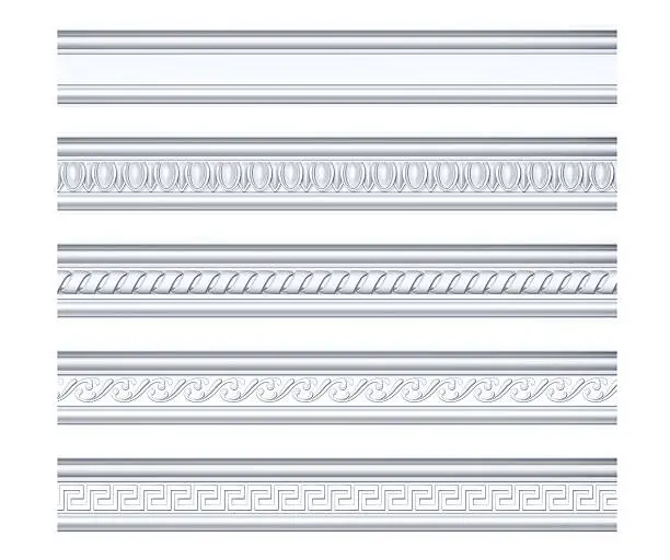 Collection of different classical cornices isolated on white, 3D rendering