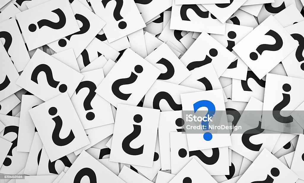 Question Marks Question mark sign, symbol and icon on many scattered papers 3D illustration. Asking Stock Photo