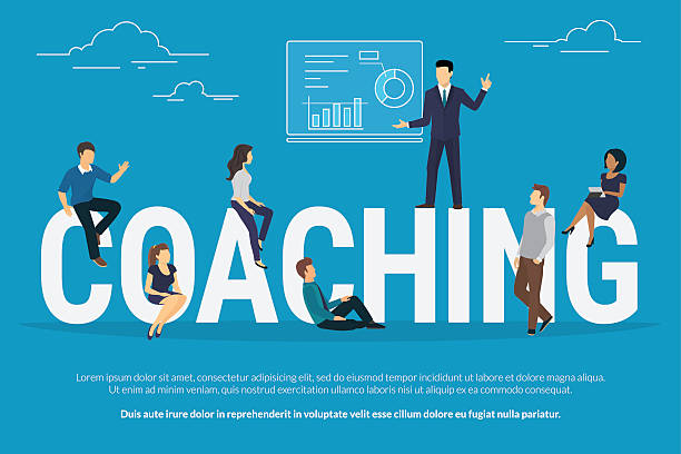 Coaching concept illustration Coaching concept illustration of business people attending the professional training with professional high skilled coach. Flat design of guys and young women sitting on the big letters recruitment patterns stock illustrations