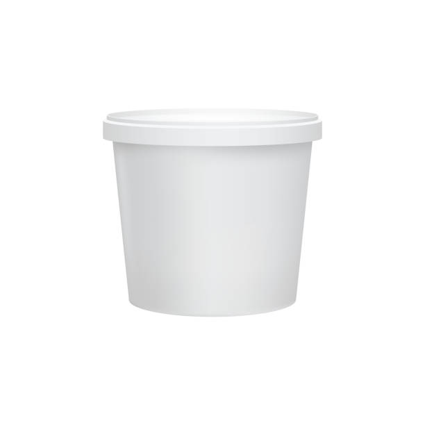 Yogurt container isolated on white background Yogurt container isolated on white background. Blank box ice cream or dessert. Plastic container for liquid milk products. 3d realistic packaging. Vector illustration. milk bottle stock illustrations