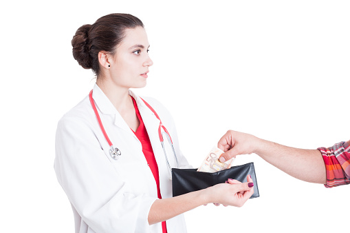 Picture of woman medic asking for illegal money to male patient isolated on white background
