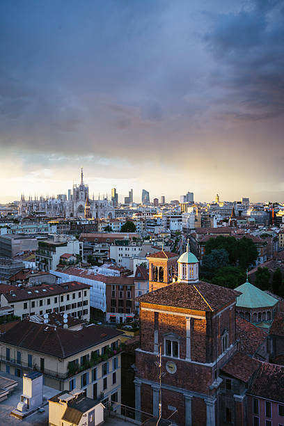 Milano, 2016 panoramic skyline with Italian Alps on Background stock photo