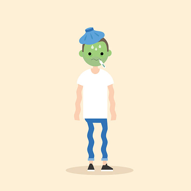 Sick shivering young man with green face vector cartoon illustration flat vector concept puke green color stock illustrations