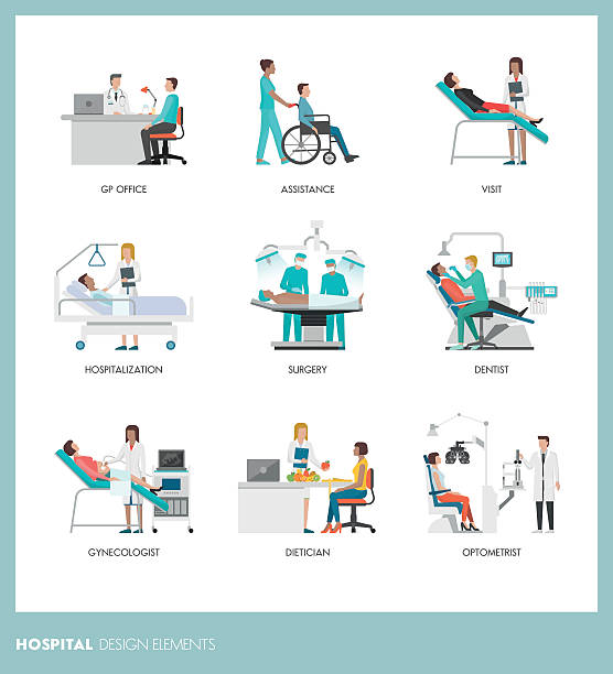 Doctors and patients Doctors and healthcare professionals with patients: diagnosis and clinical treatment at the hospital eye doctor and patient stock illustrations