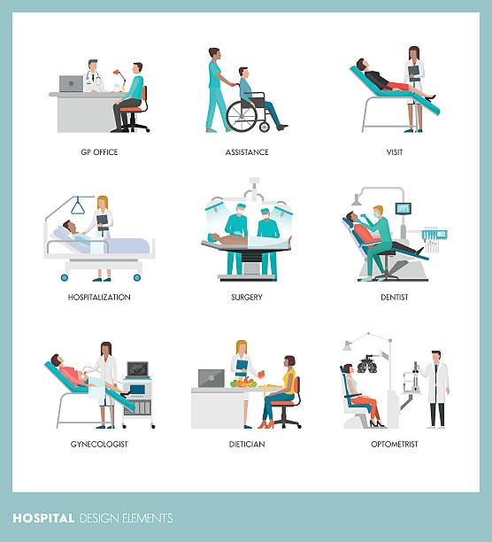 Doctors and patients Doctors and healthcare professionals with patients: diagnosis and clinical treatment at the hospital patient operating table stock illustrations