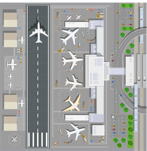 Airport passenger terminal Airport passenger terminal top view. The runway of the aircraft. Buildings hangar for airplanes and helicopter landing pad. Railway station with train and parking with cars. Stock vector illustration airfield stock illustrations