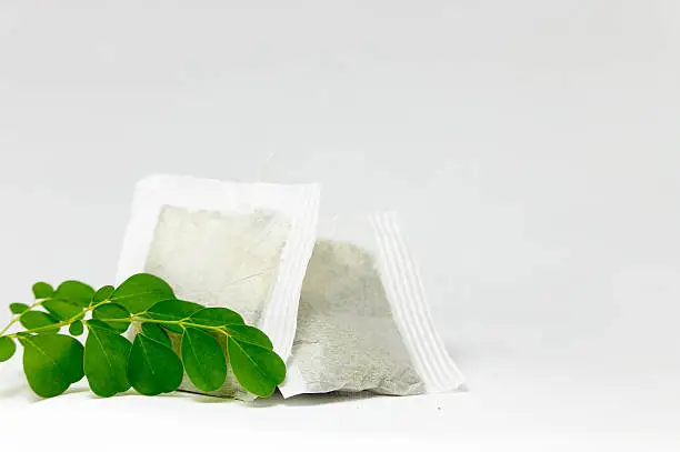 Tea bags full of dried superfood moringa leaves beside fresh green stem on white background.