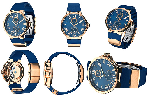 Wrist watch accessory golden mechanical set. 3D graphic