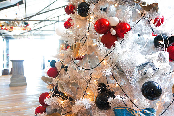 istock Christmas colorful balls on a white Christmas tree 610691376