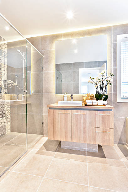 istock Luxury bathroom washing area with the mirror and shower 610692924