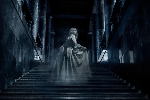 Ghost girl on stairs. Halloween theme.