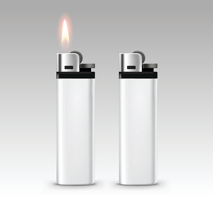 Vector Blank White Plastic Lighters with Flame Close up Isolated on White Background