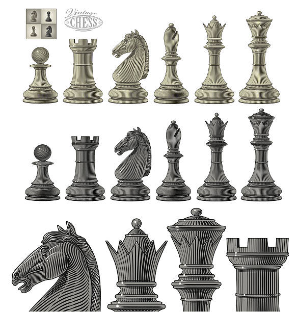 illustrazioni stock, clip art, cartoni animati e icone di tendenza di set di pezzi di scacchi - chess