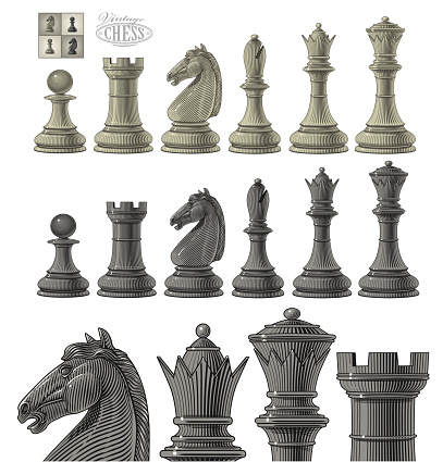 Vector illustration of chess piece set in vintage engraving style, isolated, grouped on white background