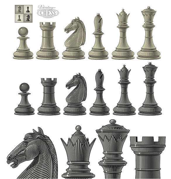 Chess piece set Vector illustration of chess piece set in vintage engraving style, isolated, grouped on white background chess piece stock illustrations