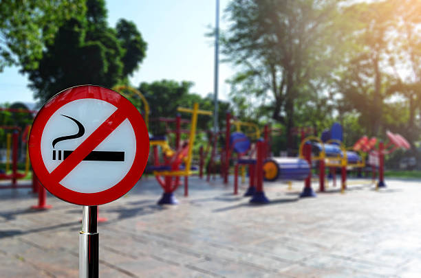 istock No smoking sign with colorful exercise equipment in public park 610745458