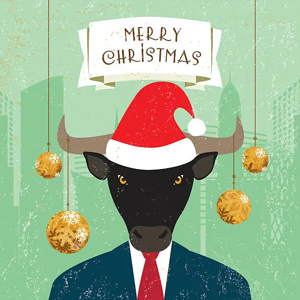 Vector illustration of christmas greeting card Santa Klaus hat bull businessman banner ornaments
