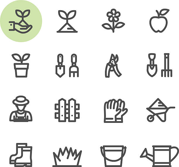 Gardening icons Gardening icons with White Background trowel gardening shovel gardening equipment stock illustrations