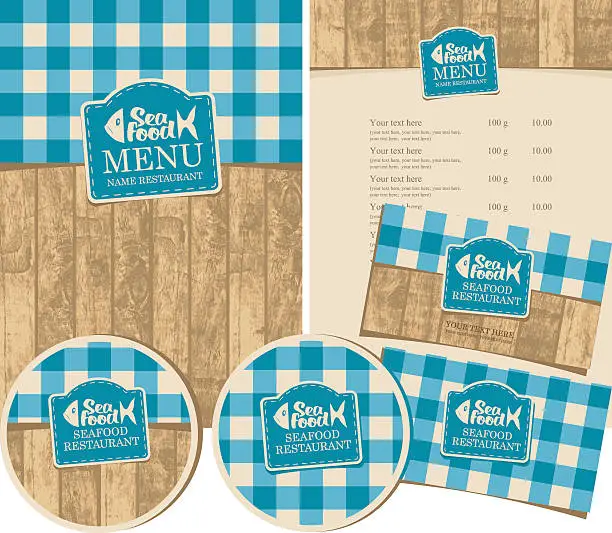 Vector illustration of seafood restaurant with texture of wooden planks