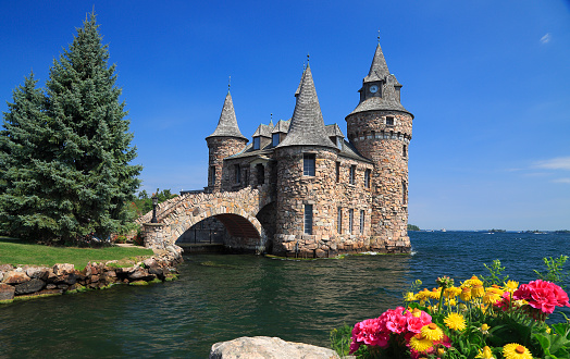 Alexandria, USA - August 20, 2016: Boldt Castle is a major landmark and tourist attraction in the Thousand Islands region of the U.S. state of New York. It is located on Heart Island in the Saint Lawrence River. Heart Island is part of the Town of Alexandria, in Jefferson County.