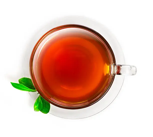 Cup of tea from above, isolated on white
