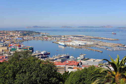 Aerial view of the important commercial and fishing port of Vigo in Galicia, Spain