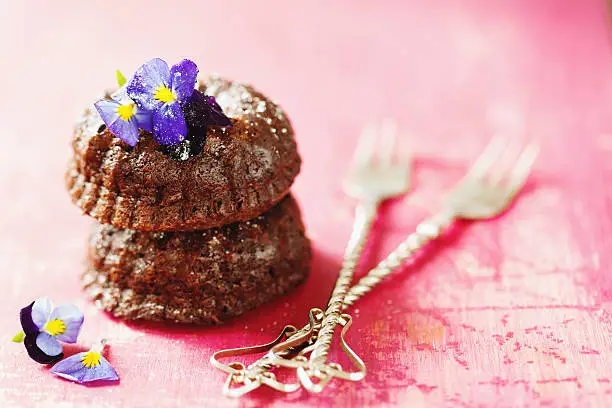 Chocolate ring cake decorated with fresh violets and sugar powder on the pastel background