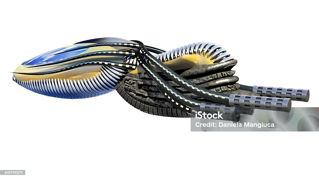 3D Illustration of organic shuttle design 3D Illustration of organic shuttle design or alien spacecraft for science fiction themed war games, futuristic warfare, or space travel, with the clipping path included in the file. Aggression Stock Photo