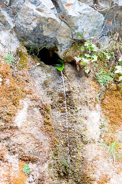 istock natural water fountain made with a leaf in the rock 610749332