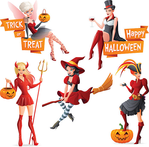 illustrations, cliparts, dessins animés et icônes de halloween femmes fée, vampire, sorcière, pirate, diable. ensemble d’illustrations vectorielles. - sensuality halloween witch devil
