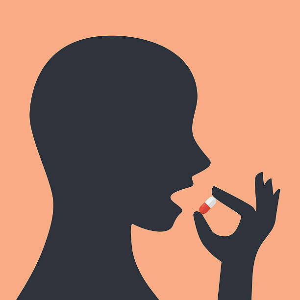 ilustrações de stock, clip art, desenhos animados e ícones de taking the medicine capsule - eating silhouette men people