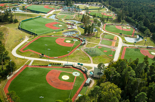 Myrtle Beach, South Carolina, USA - November 04, 2014: Aerial View of The Ripken Experience Baseball and Softball Field Complex in Myrtle Beach, South Carolina. Considered one of the best baseball facilities in the country, The Ripken Experience is a notable attraction in Myrtle Beach for sporting events and tournaments. The complex has9 fields; 5 youth diamonds and 4 regulation-sized diamonds. The fields also have a popular synthetic playing surface which is used by many professional sports teams. In addition, the complex has concession stands, restrooms, and a welcome center.