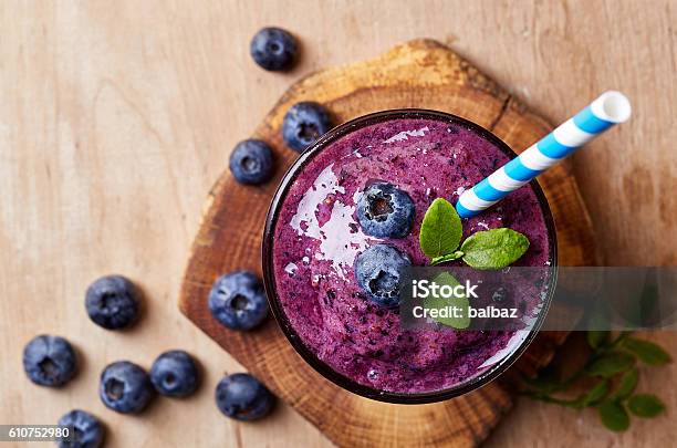 Glass Of Blueberry Smoothie Stock Photo - Download Image Now - Smoothie, Blueberry, Milkshake