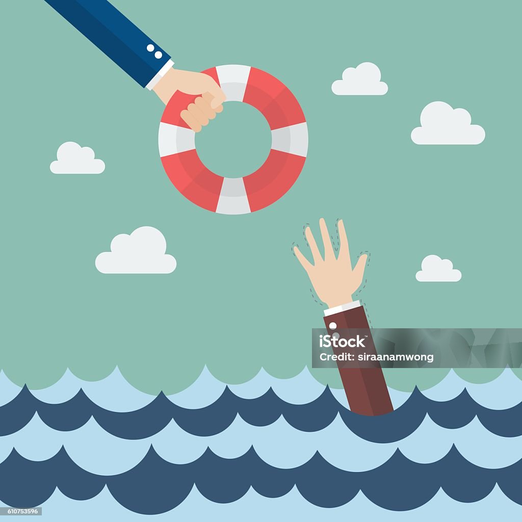 Drowning businessman getting lifebuoy from other businessman Drowning businessman getting lifebuoy from other businessman. Business concept Crisis stock vector