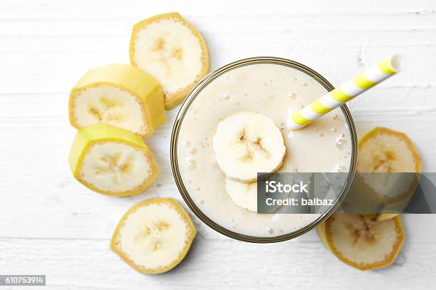 Glass Of Banana Smoothie Stock Photo - Download Image Now - Banana, Milkshake, Smoothie