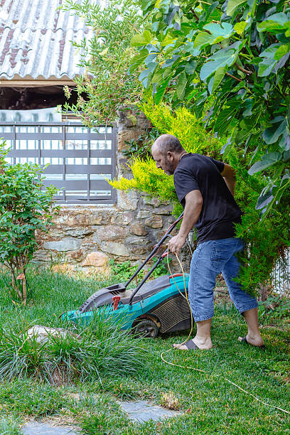 istock Man cutting grass in his garden 610754602