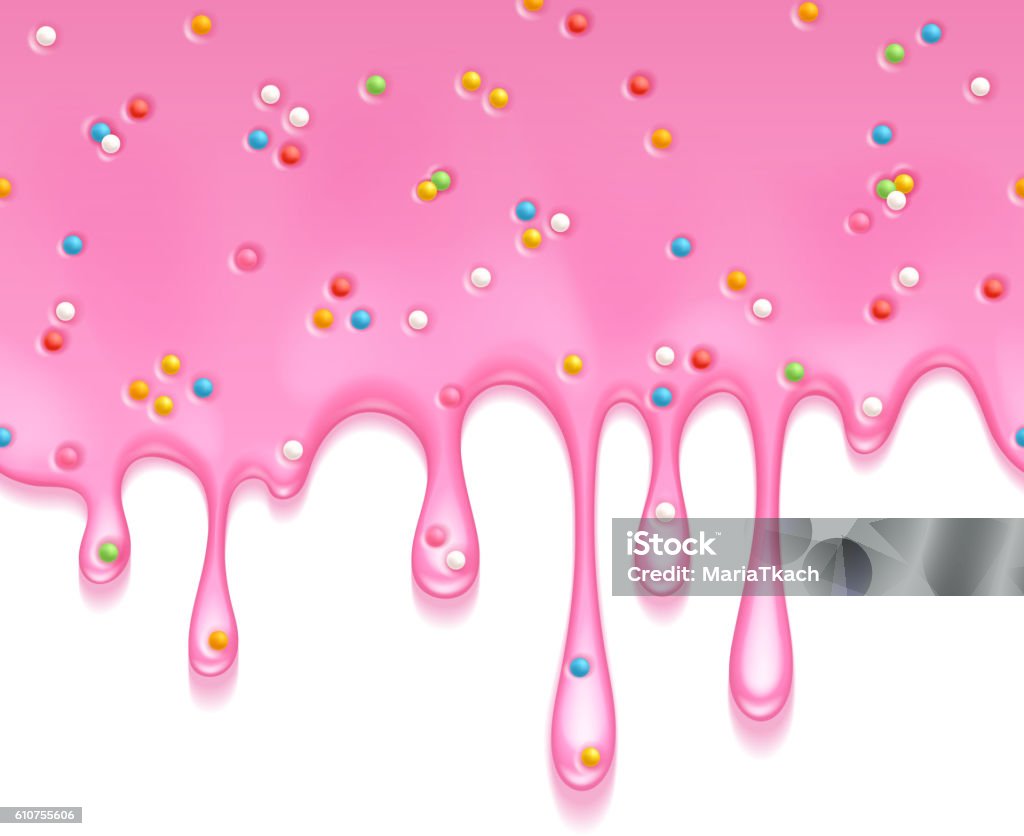 Pink frosting dripping background. Liquid flow. Donut glaze. Pink frosting with colorful sprinkles dripping seamless horizontal border. Liquid flow. Vector illustration. Sweet background. Icing stock vector
